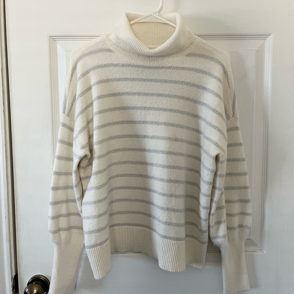 LOFT Cream and Silver Striped Turtleneck Sweater